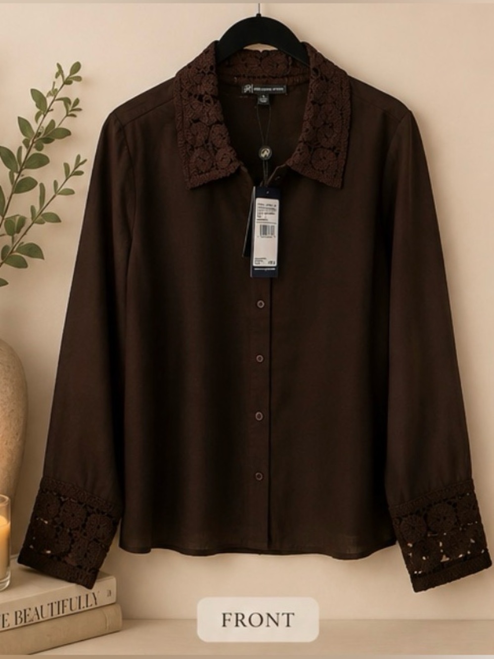 Adrianna Papell Dark Brown Button-Down Shirt with Crochet Trim